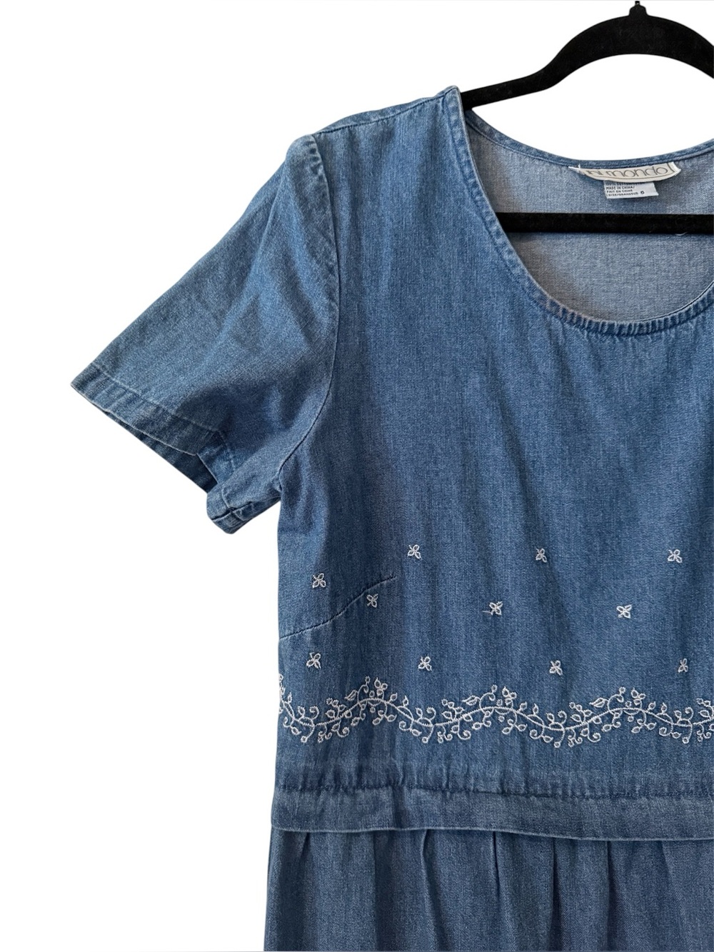 Uni Mondo | 90s Vintage Prairiecore Embroidered Midi Denim Dress | Size 6 - Picture 3 of 7